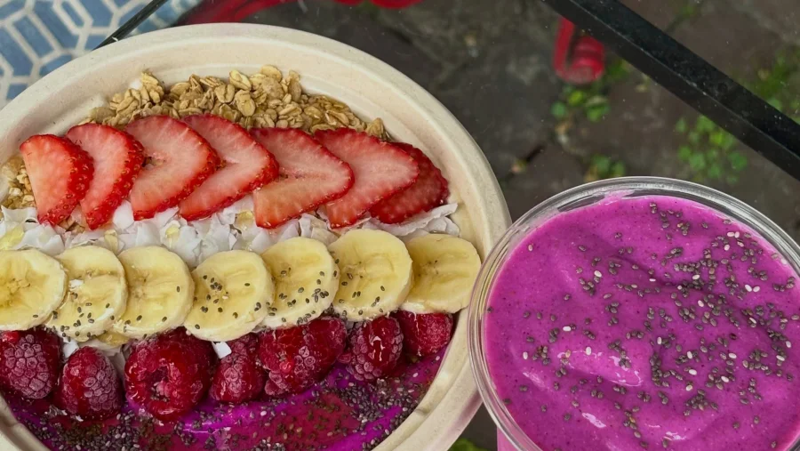 Colorful smoothie bowl and drink at Fiafia Ogunquit